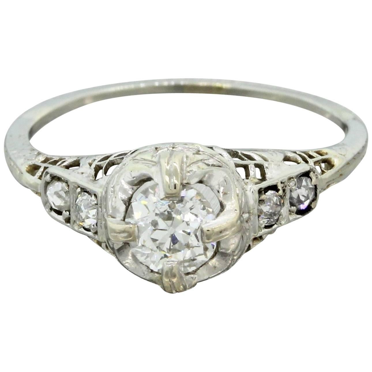 1930s Art Deco .87 Carat Old Cut Diamond Solid Gold Engagement Ring EGL For Sale