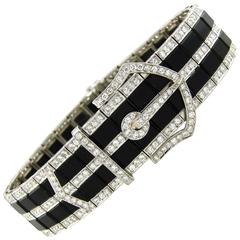 Vintage Art Deco Black Onyx Diamond Platinum Bracelet, 1930s