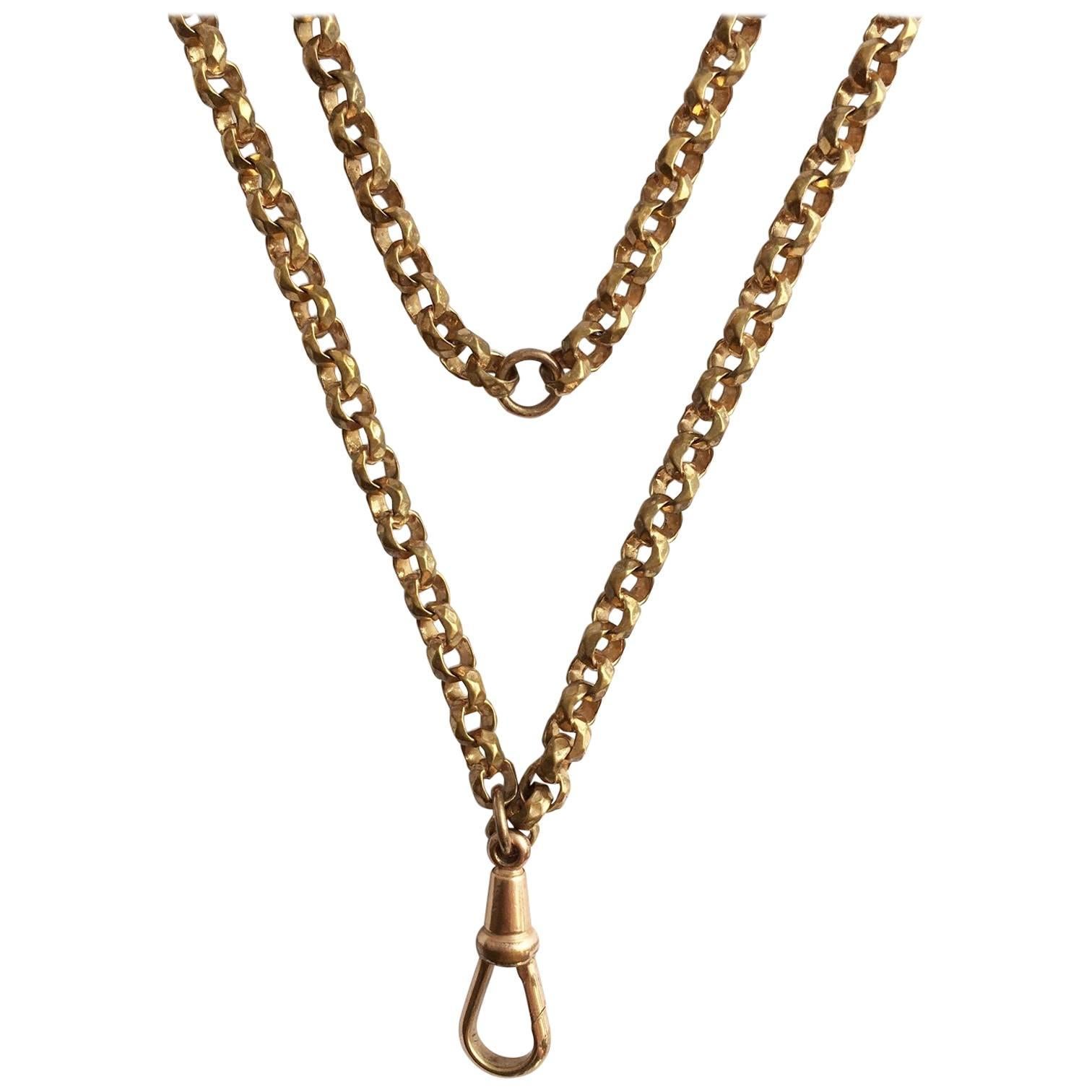 Long Guard Chain with Faceted Gilt Brass Links Edwardian Necklace
