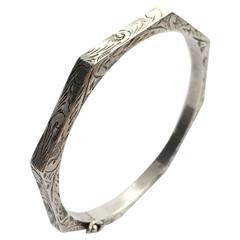 Vintage Octagonal Etched Hollow Imported Silver Hinged Bangle Bracelet