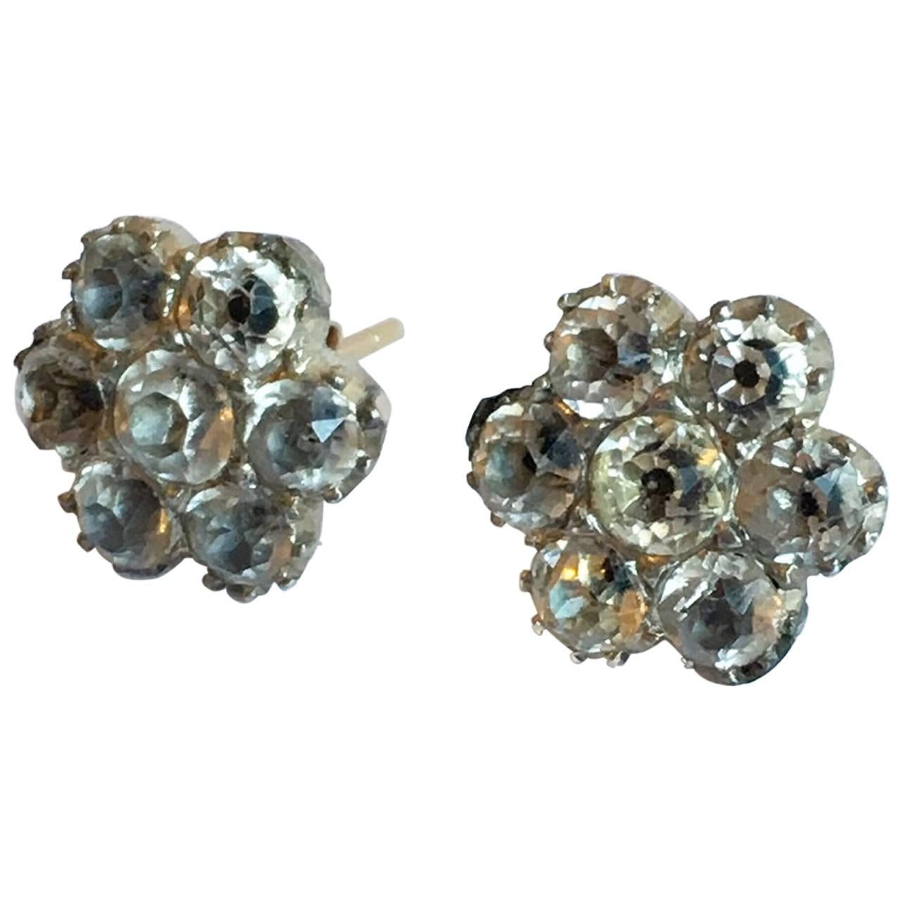 Georgian Earrings Black Dot Paste Flower Silver Gold Cluster Antique Studs