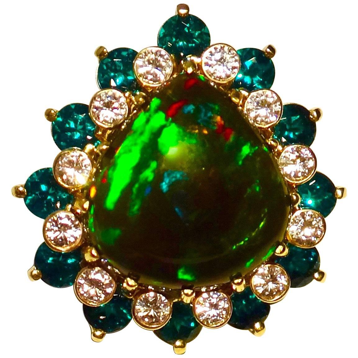 Michael Kneebone Black Opal Tsavorite Garnet Diamond Cocktail Ring For Sale