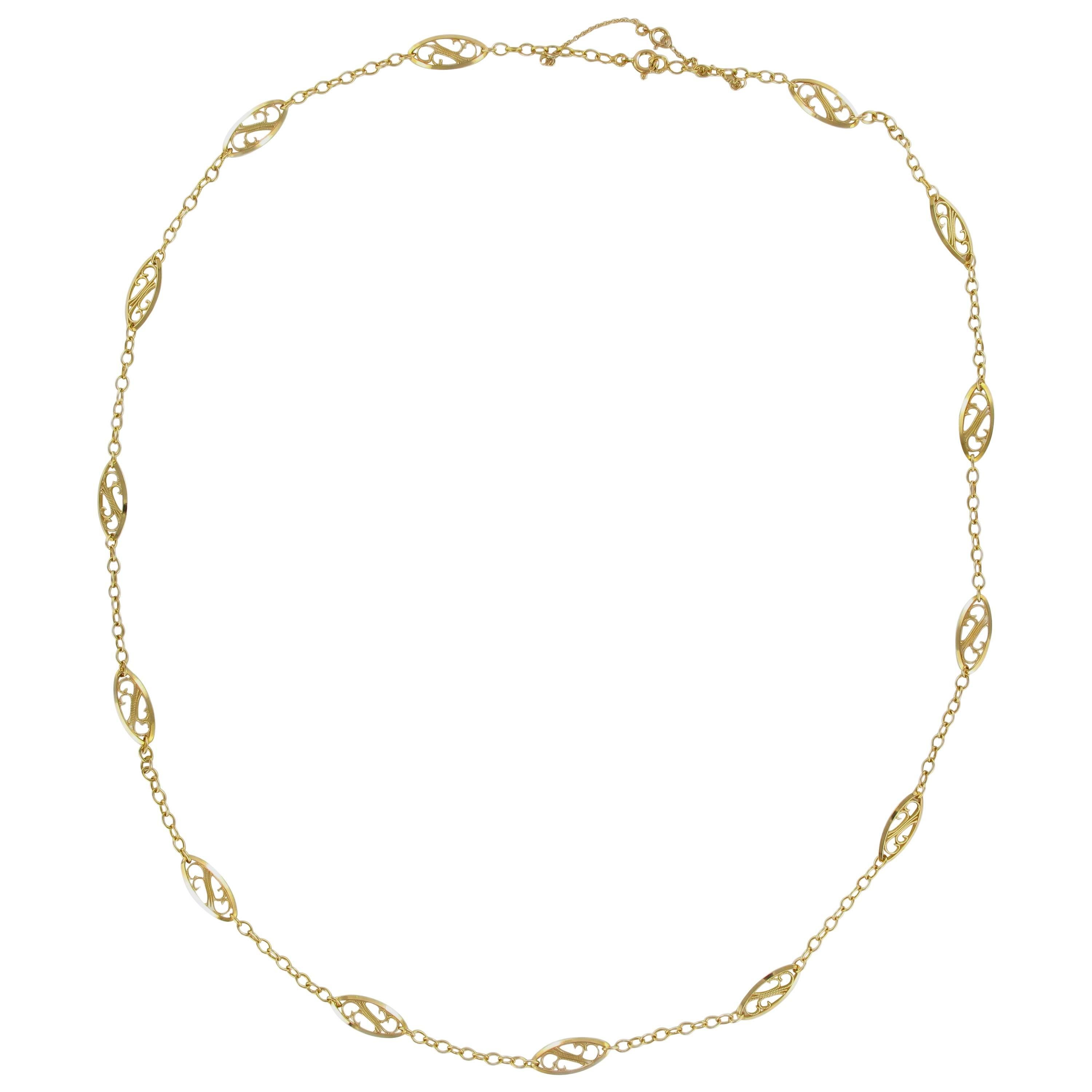 Estate Filigree Station Necklace with Fancy Link in 18K Yellow Gold Over 18"Long 