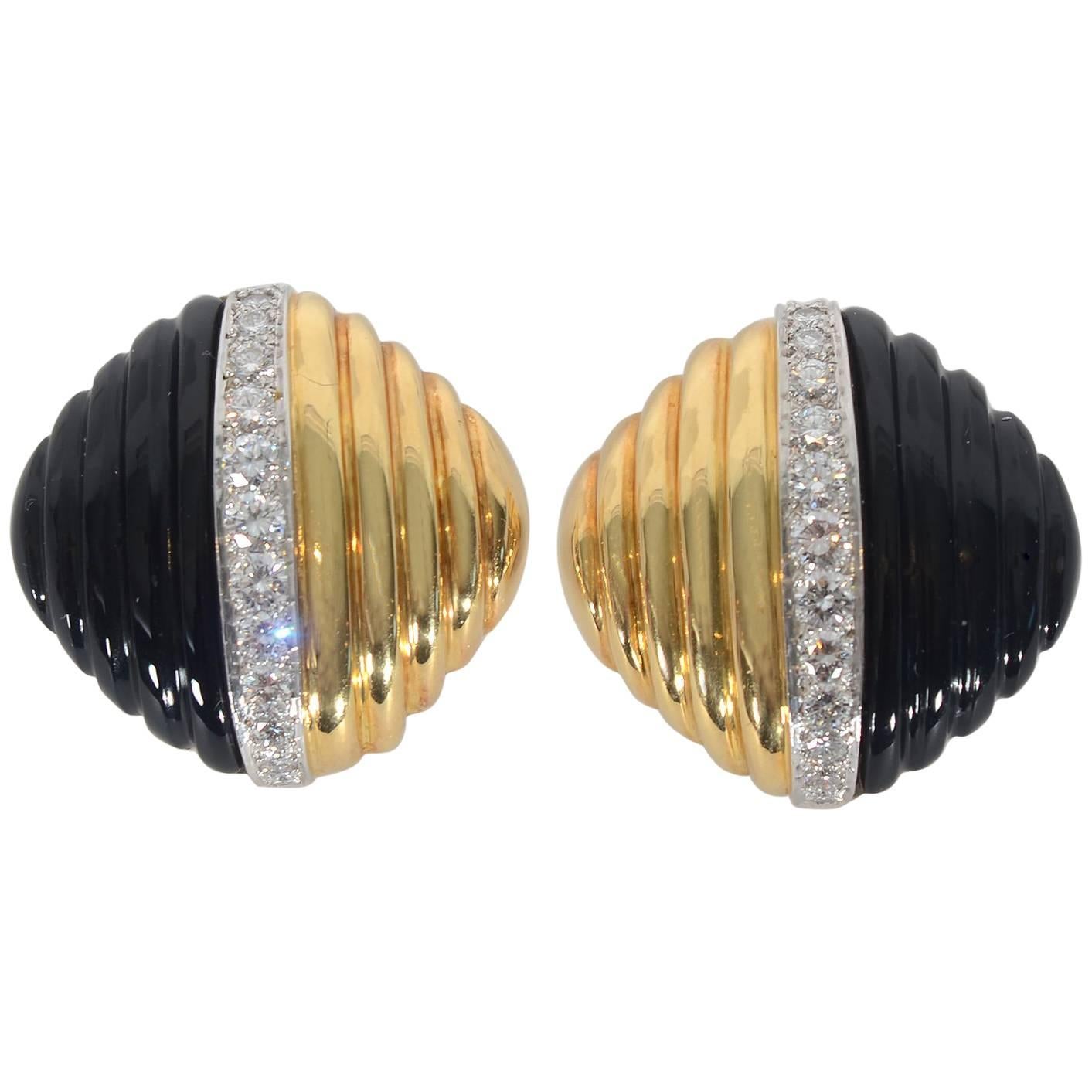 Trianon Carved Onyx Diamond Gold Ear Clips