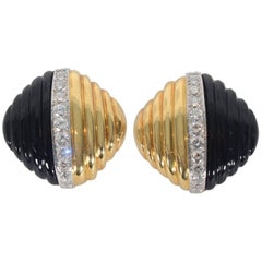 Trianon Carved Onyx Diamond Gold Ear Clips