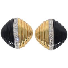 Trianon Carved Onyx Diamond Gold Ear Clips 1