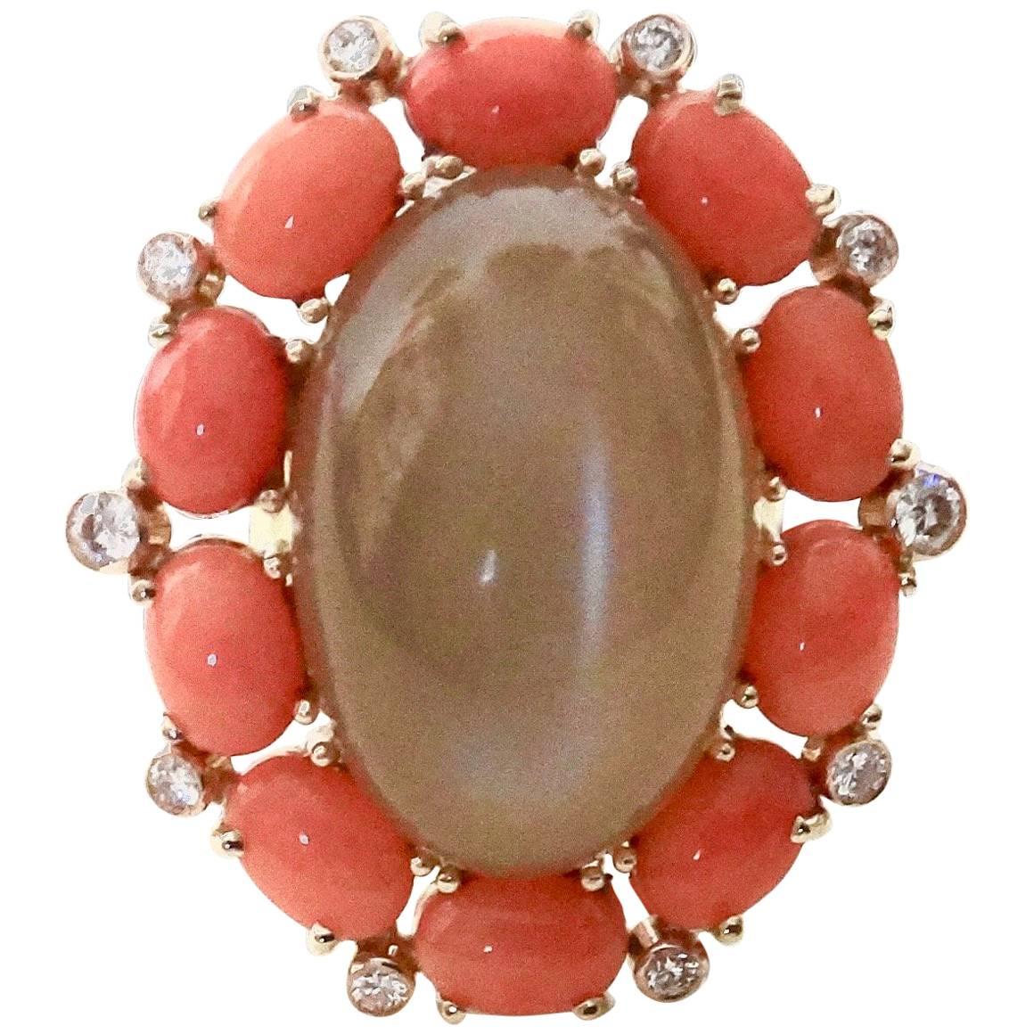 Michael Kneebone Peach Moonstone Pink Coral Diamond Cocktail Ring For Sale
