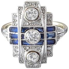 1920s-1930s Art Deco Diamond Blue Sapphire White Yellow Gold Cocktail Ring 9