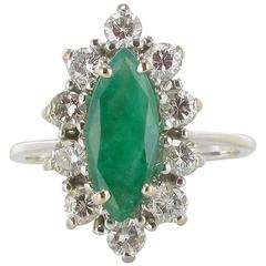 French 1970s White Gold Emerald Diamond Retro Marquise Ring 1