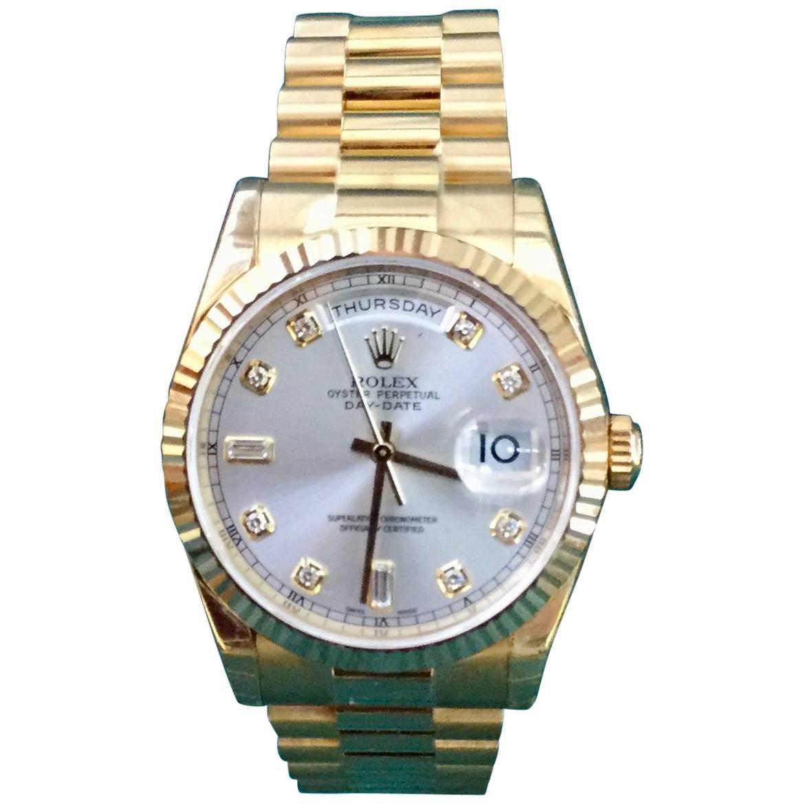 Rolex yellow Gold Oyster Perpetual Day-Date Silver Diamond Dial wristwatch For Sale