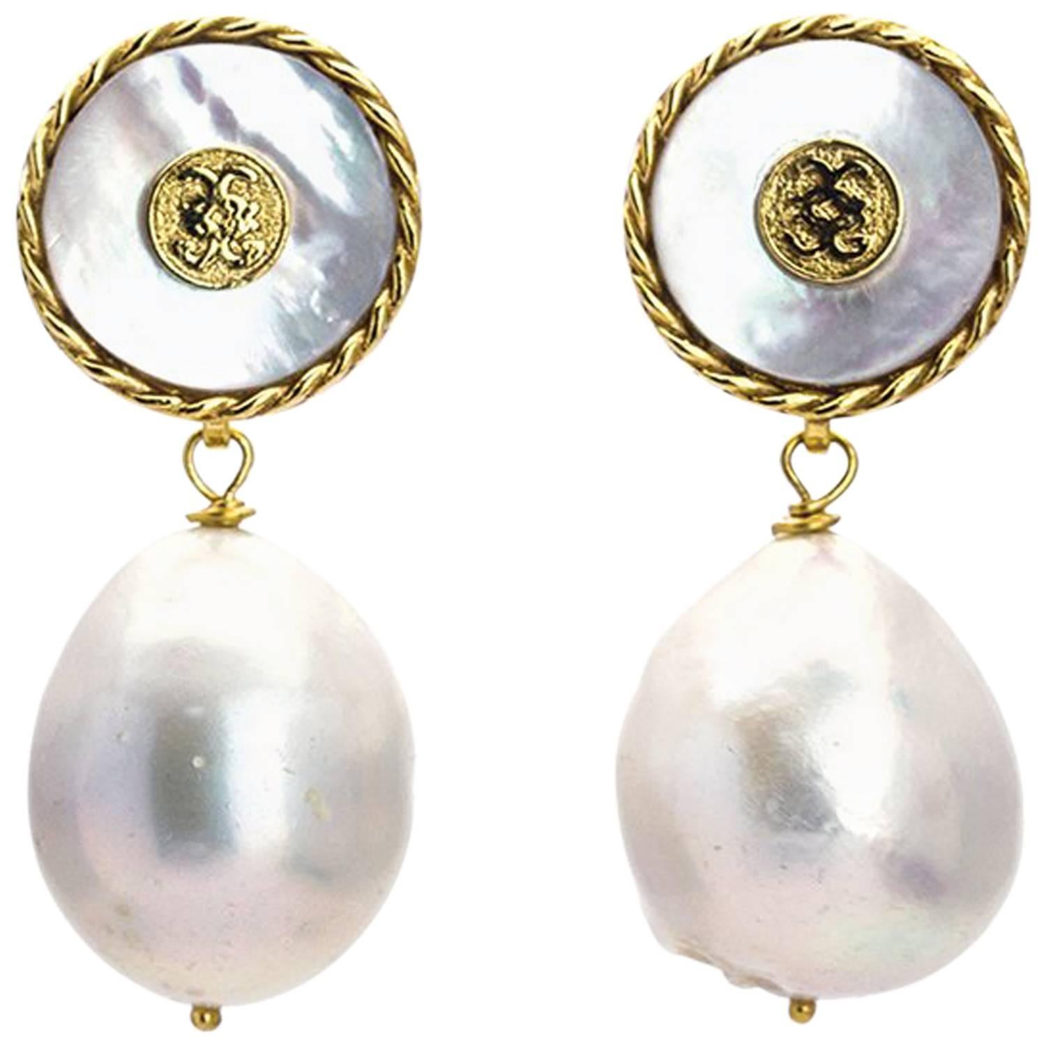 CdG White Mother-of-Pearl Vermeil Baroque Pearl Earrings Made in Italy For Sale