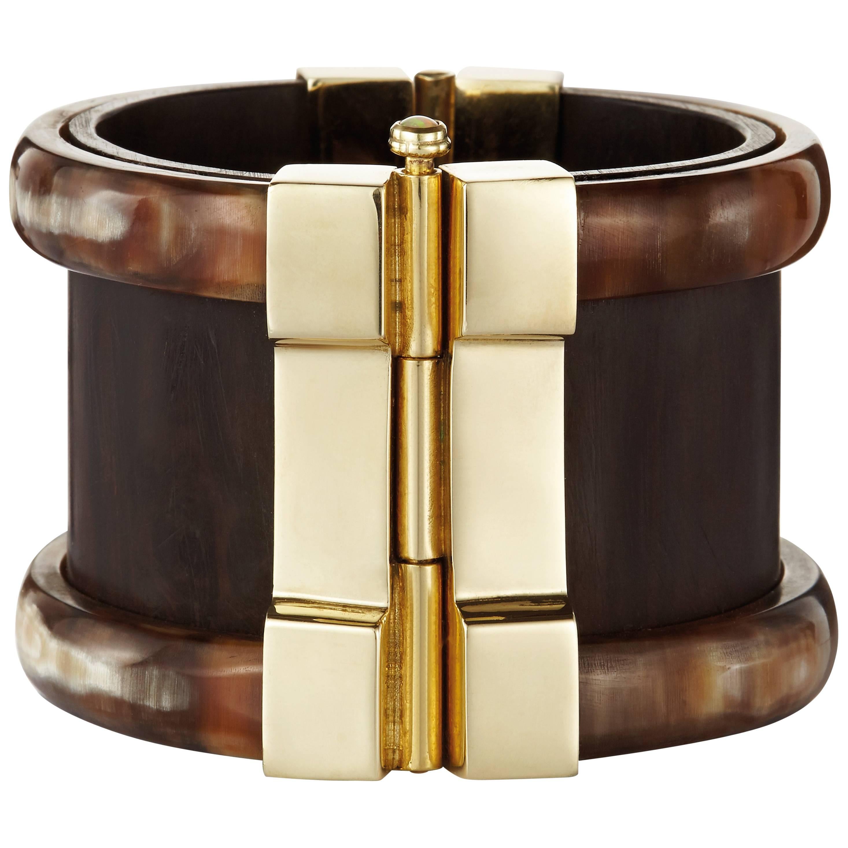 Fouché Bespoke Horn Wood Emerald Cuff Bracelet