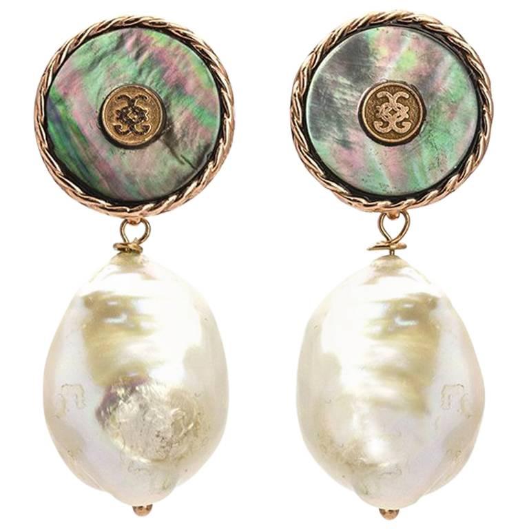CdG Style Black Mother-of-Pearl Rose Gold Baroque Pearl Earrings Made in Italy For Sale