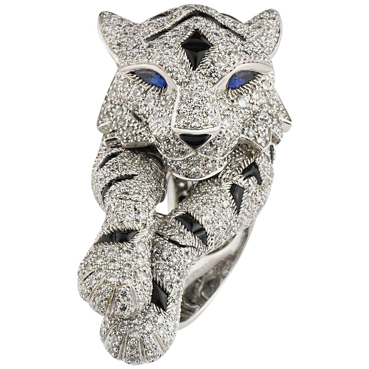 Cartier Pantheré Onyx Sapphire Diamond Platinum Ring