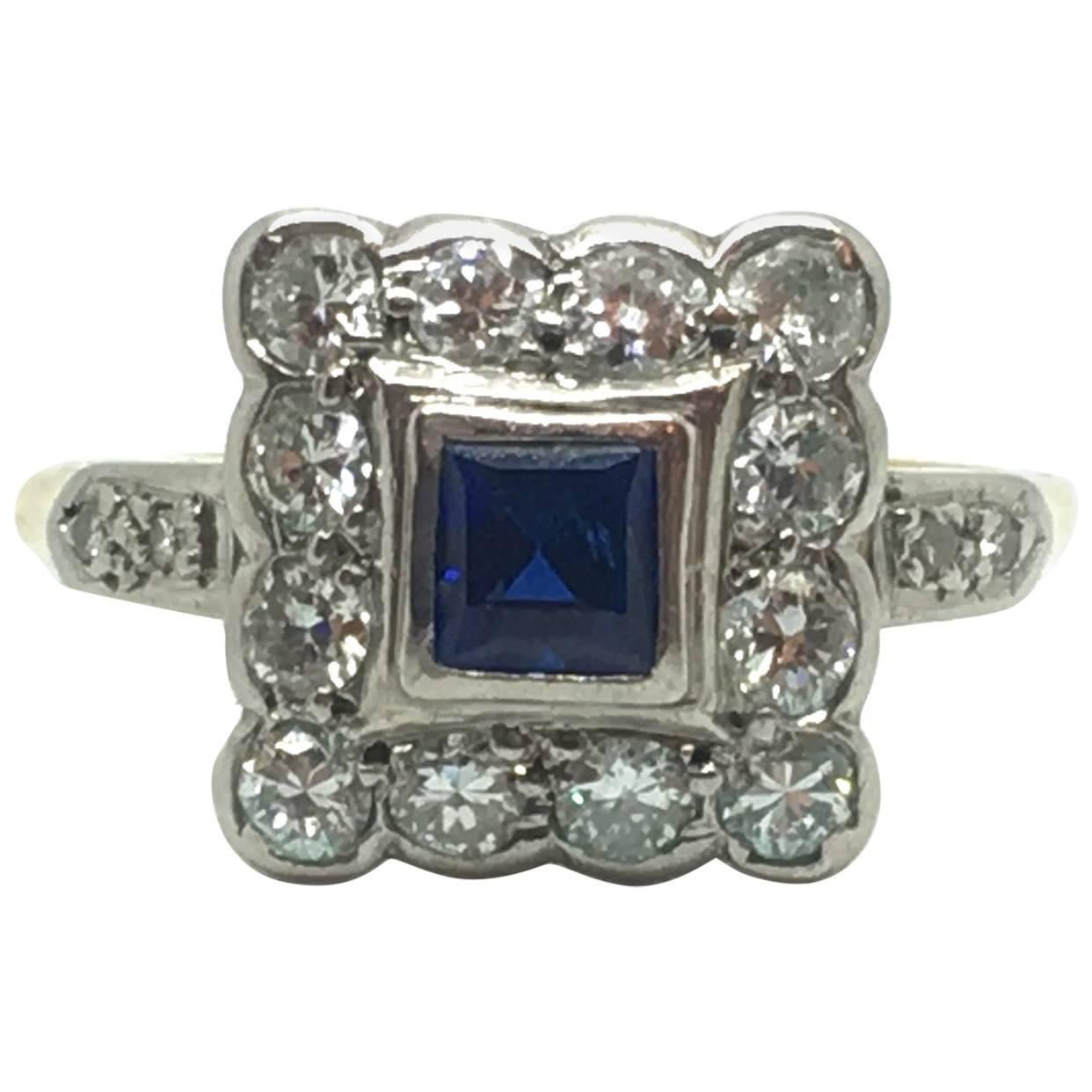 Art Deco Sapphire Diamond Gold Platinum Cluster Ring For Sale