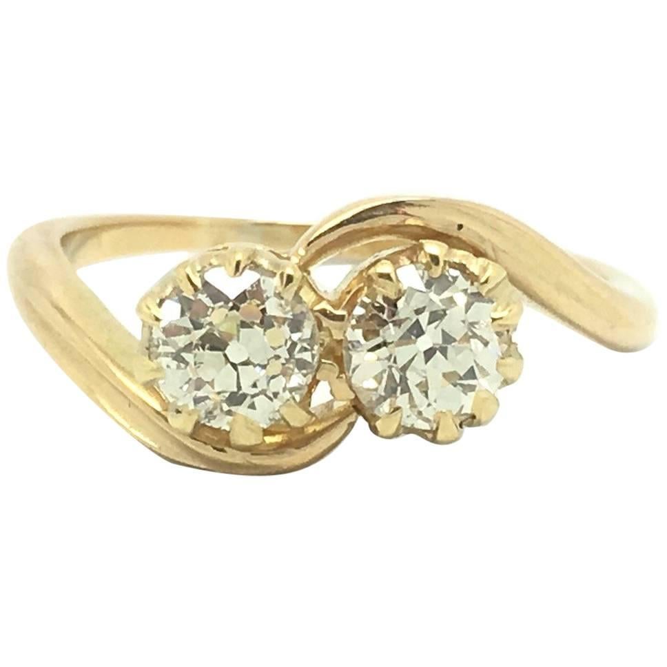 Old Cut Diamond Yellow Gold Two Stone Toi-et-Moi Bypass Ring For Sale