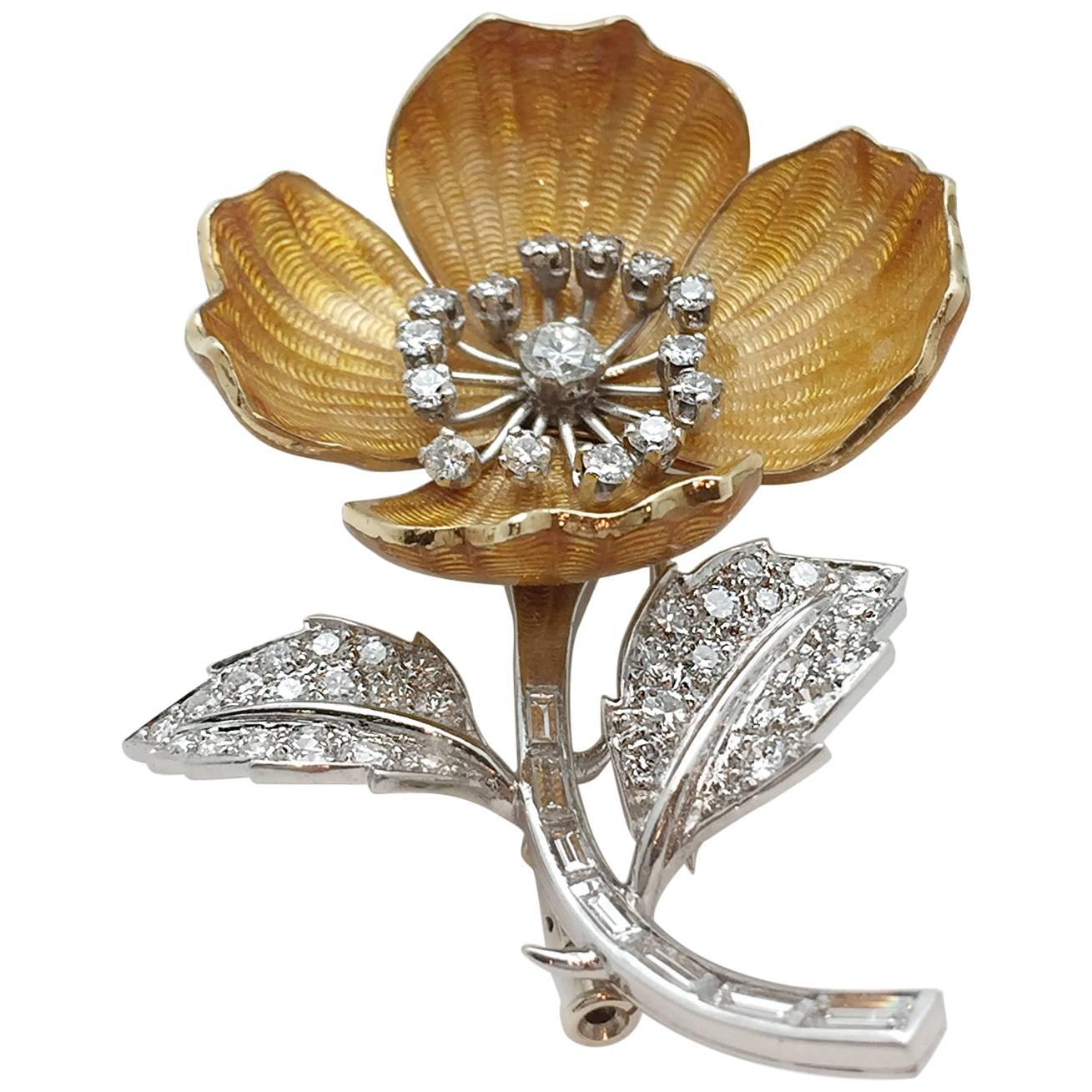 Boucheron Diamond Enamel Eglantine Flower Brooch