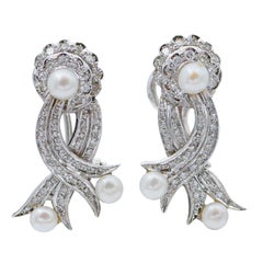 Vintage Pearl Diamond White Gold Earrings