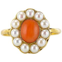 19th Century Coral Cabochon White Pearl Gold Ring