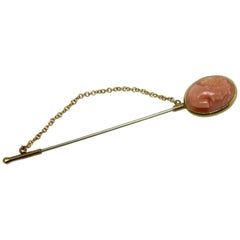 Engraved Face on Oval Shape Pink Coral, 18K Yellow Gold, Retrò Brooch