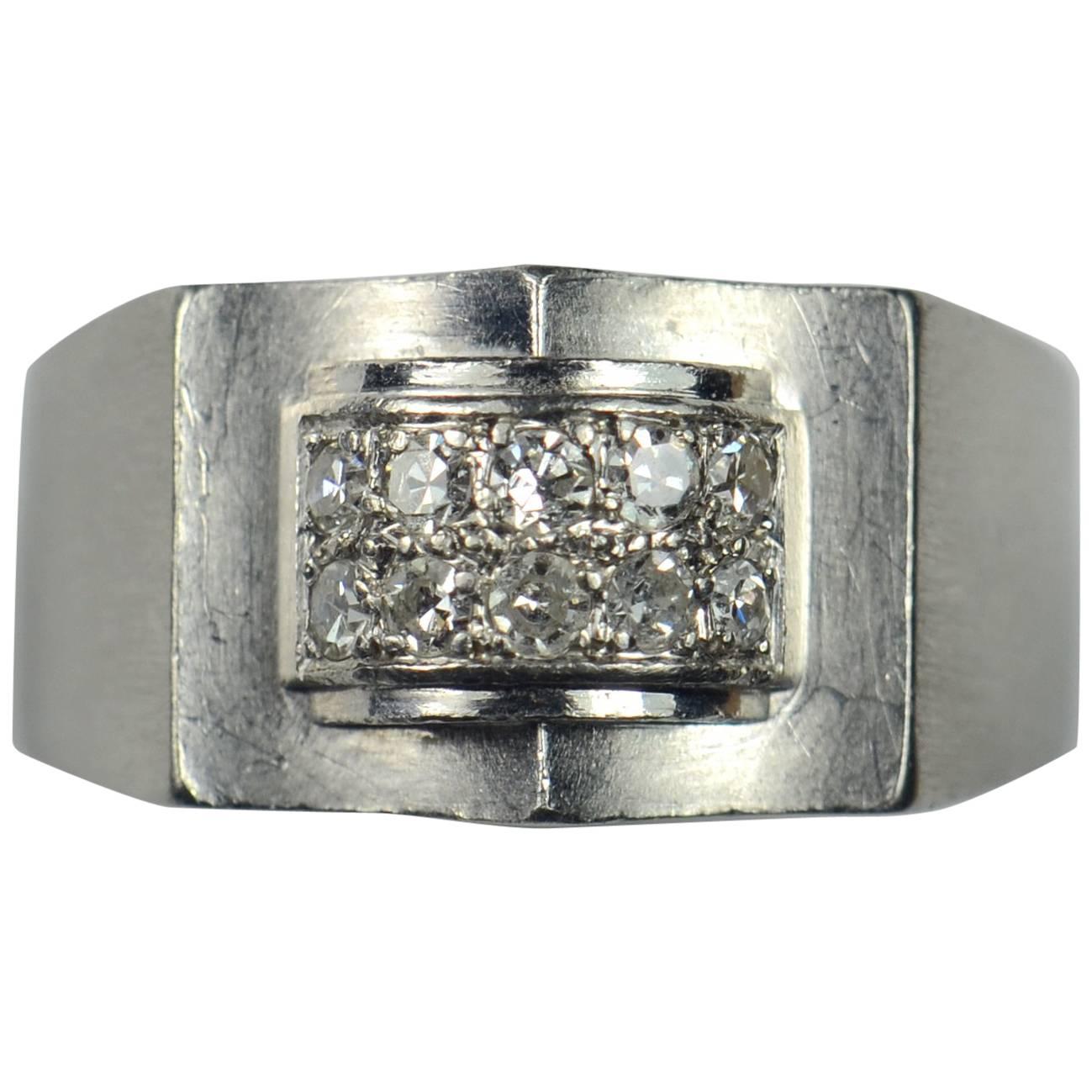 French 1935 Modernist White Diamond Platinum Ring
