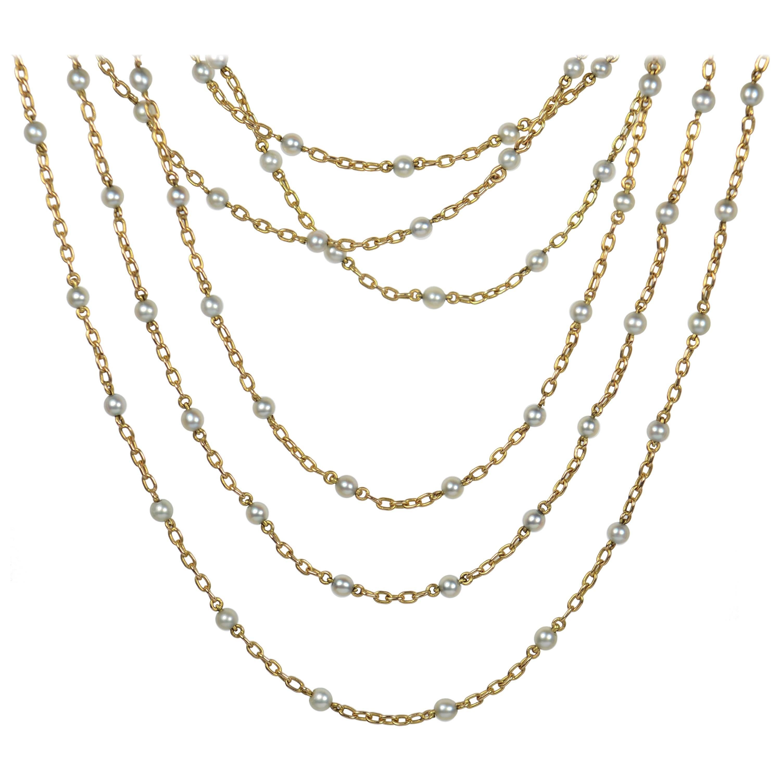 French White Natural Pearl Yellow Gold Long Chain Necklace