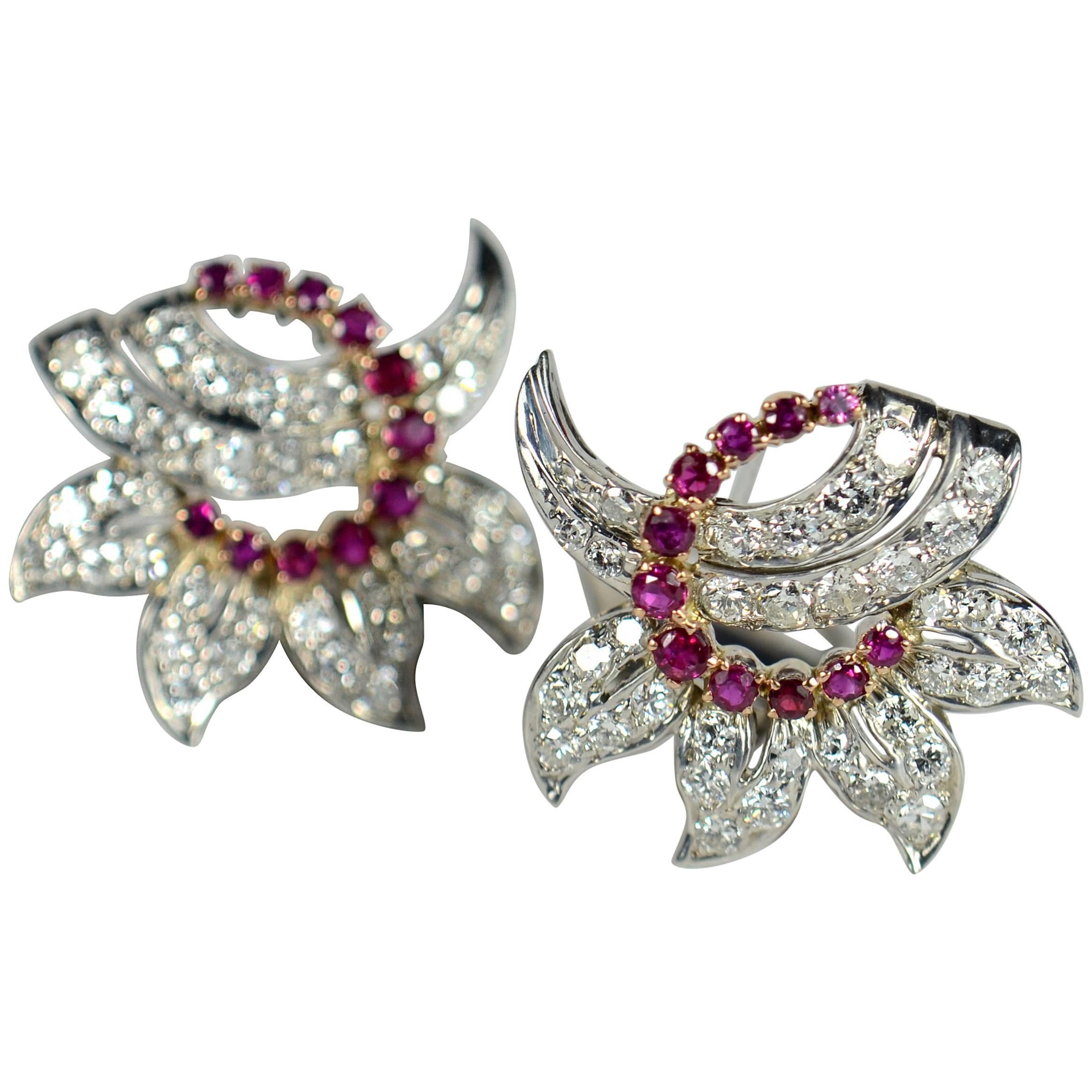 Ruby Diamond Gold Floral Clip Earrings, circa 1950