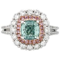 GIA Certified 1.23 Carat Fancy Light Bluish Green Diamond Two Color Gold Ring