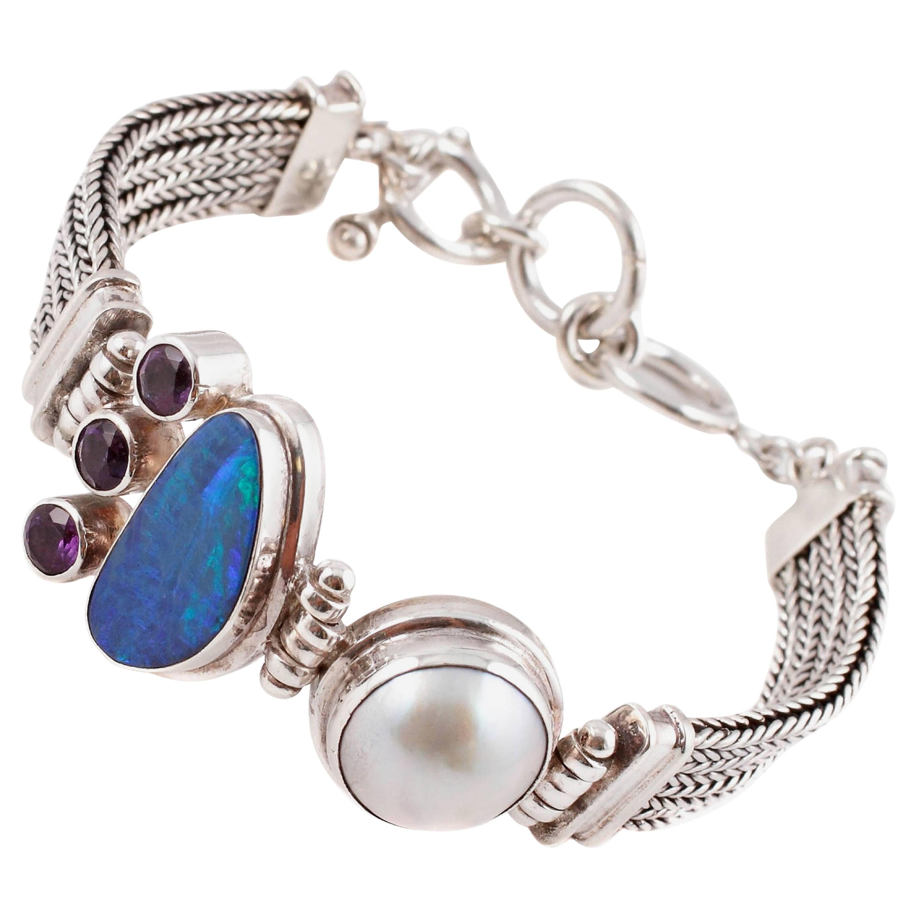 Opal Amethyst Mabe Pearl Sterling Silver Bracelet