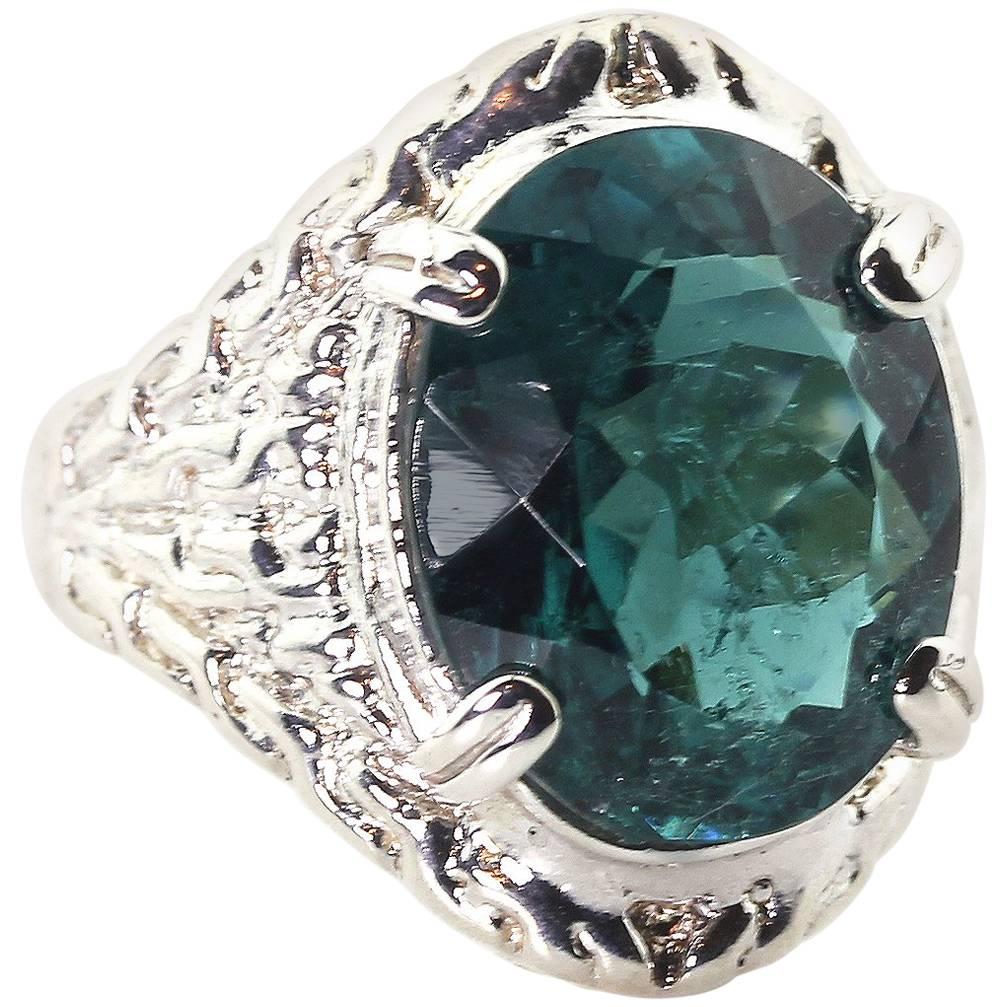 AJD Glorious 8 Carat RARE Blue Green Indicolite Tourmaline Silver Cocktail Ring For Sale