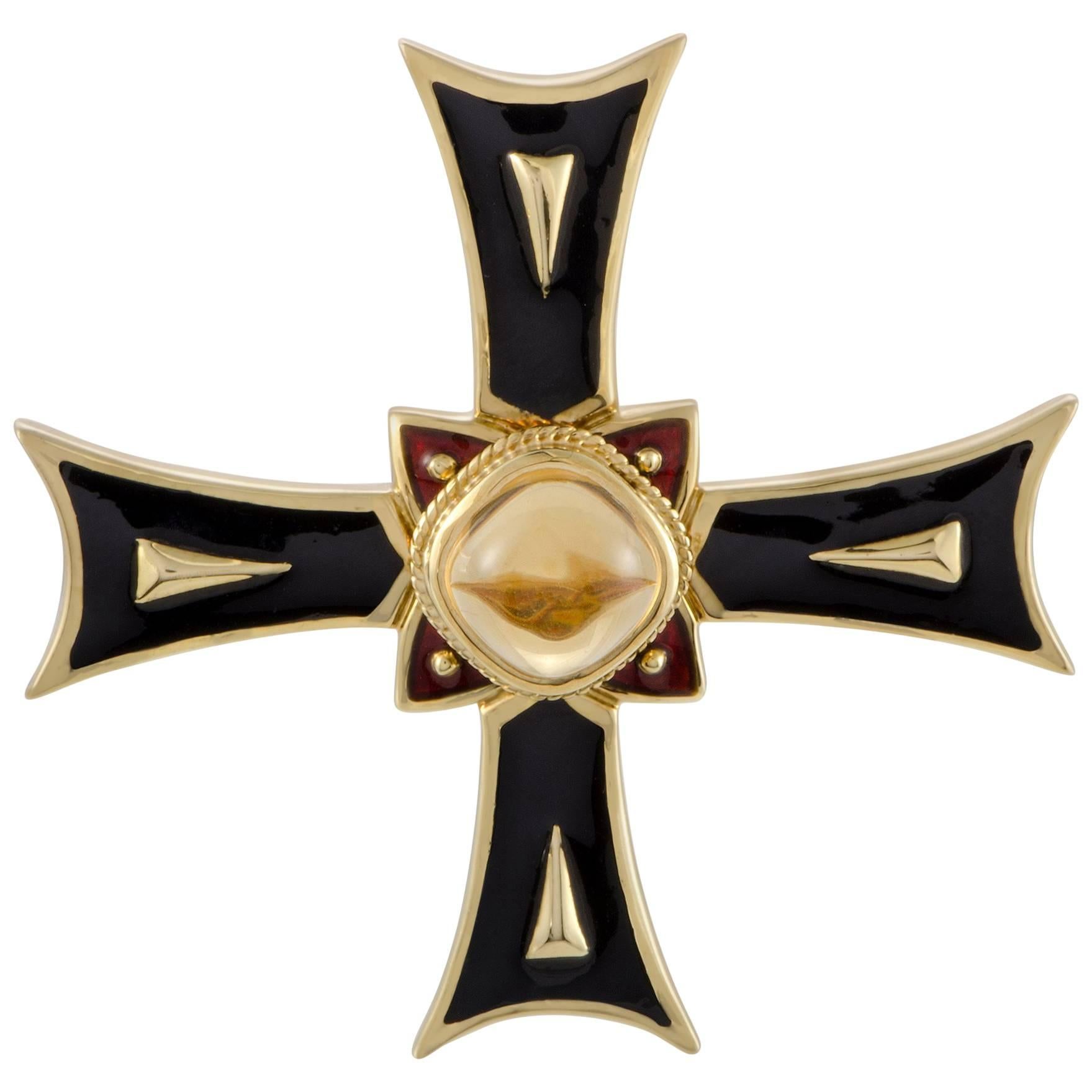 Cellini Enameled Yellow Gold Citrine Cross Pendant/Brooch