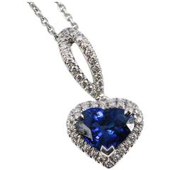 1.62 Carat Unheated Vivid Blue Heart Shape Sapphire and Diamond Pendant