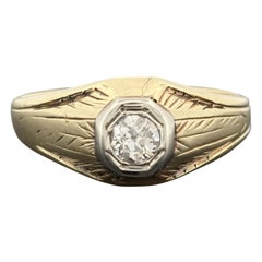 Vintage-Art-Déco-Herrenring aus 14-karätigem Gold mit einem Solitärdiamanten im alten europäischen Schliff
