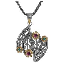 Pommona Emerald and Pink Tourmaline 18 Karat Gold & Silver Flower Pendant 10