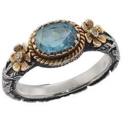Sky Blue Topaz Diamond 18 Karat Gold & Silver Ring 9