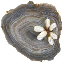 Drusey Agate Gold and Pearl Pendant/Brooch, 1960s 9
