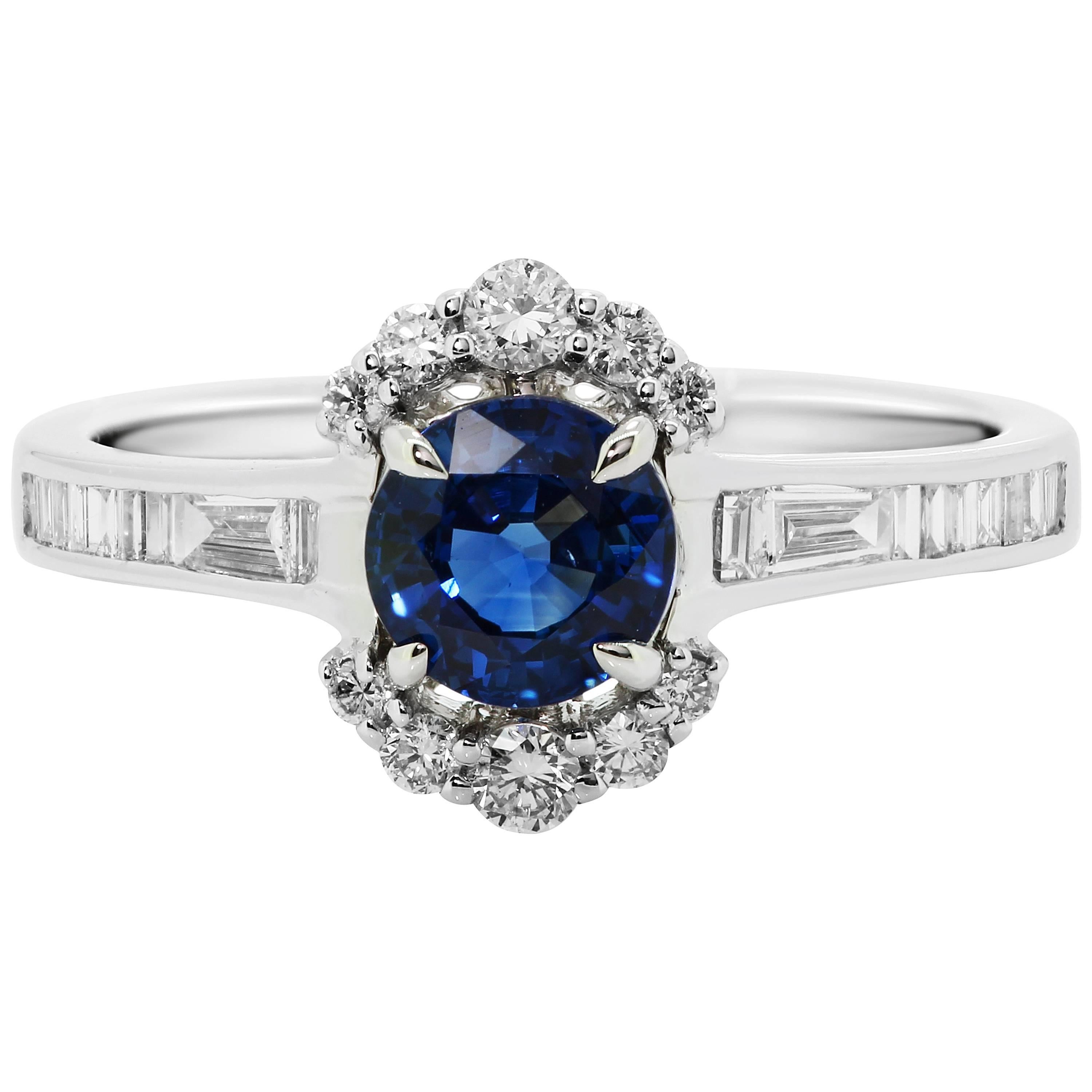 Blue Sapphire Round Diamond Half Halo White Gold Bridal Fashion Cocktail Ring