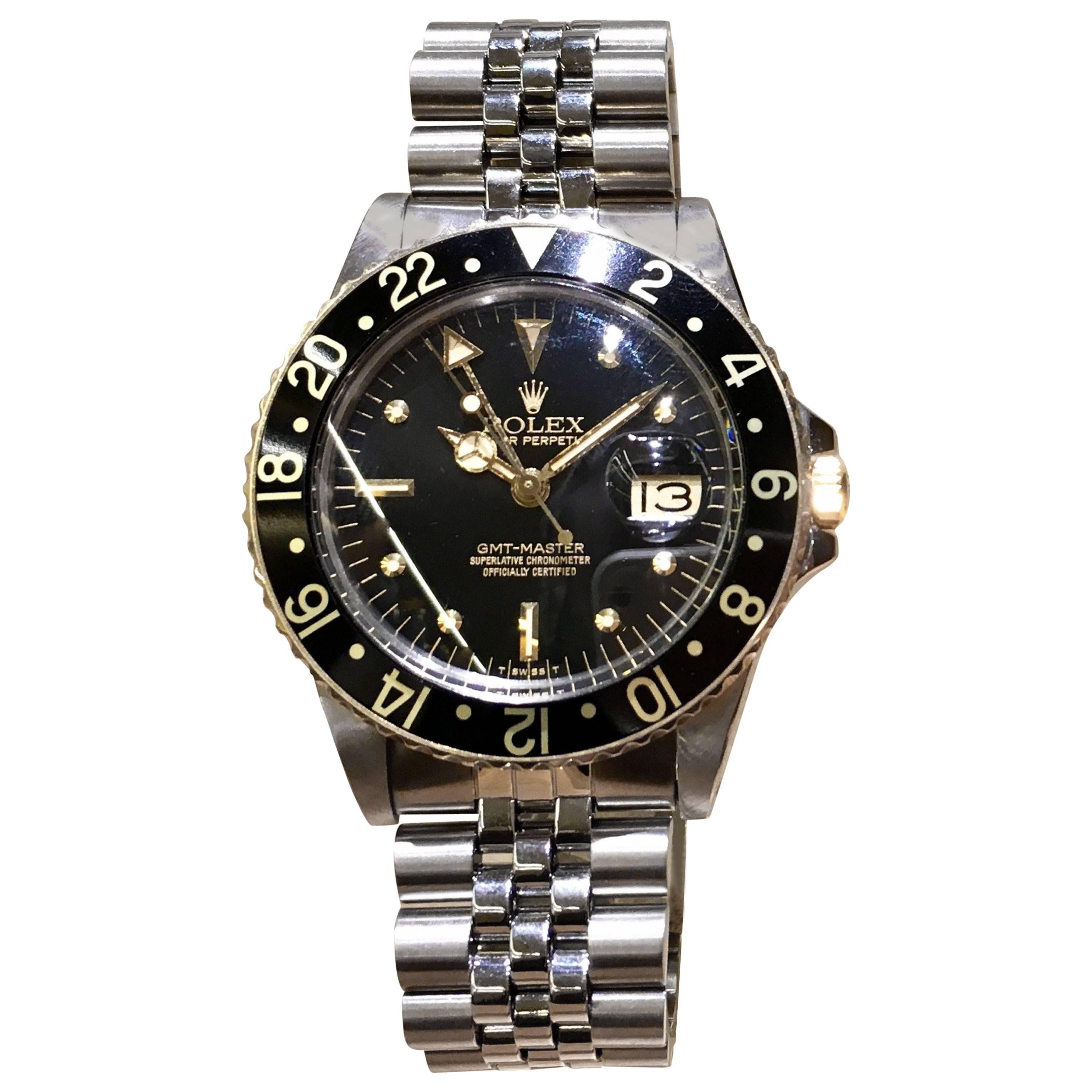 Rolex Stainless Steel GMT Black dial Date Wristwatch Ref 16753, circa 1980