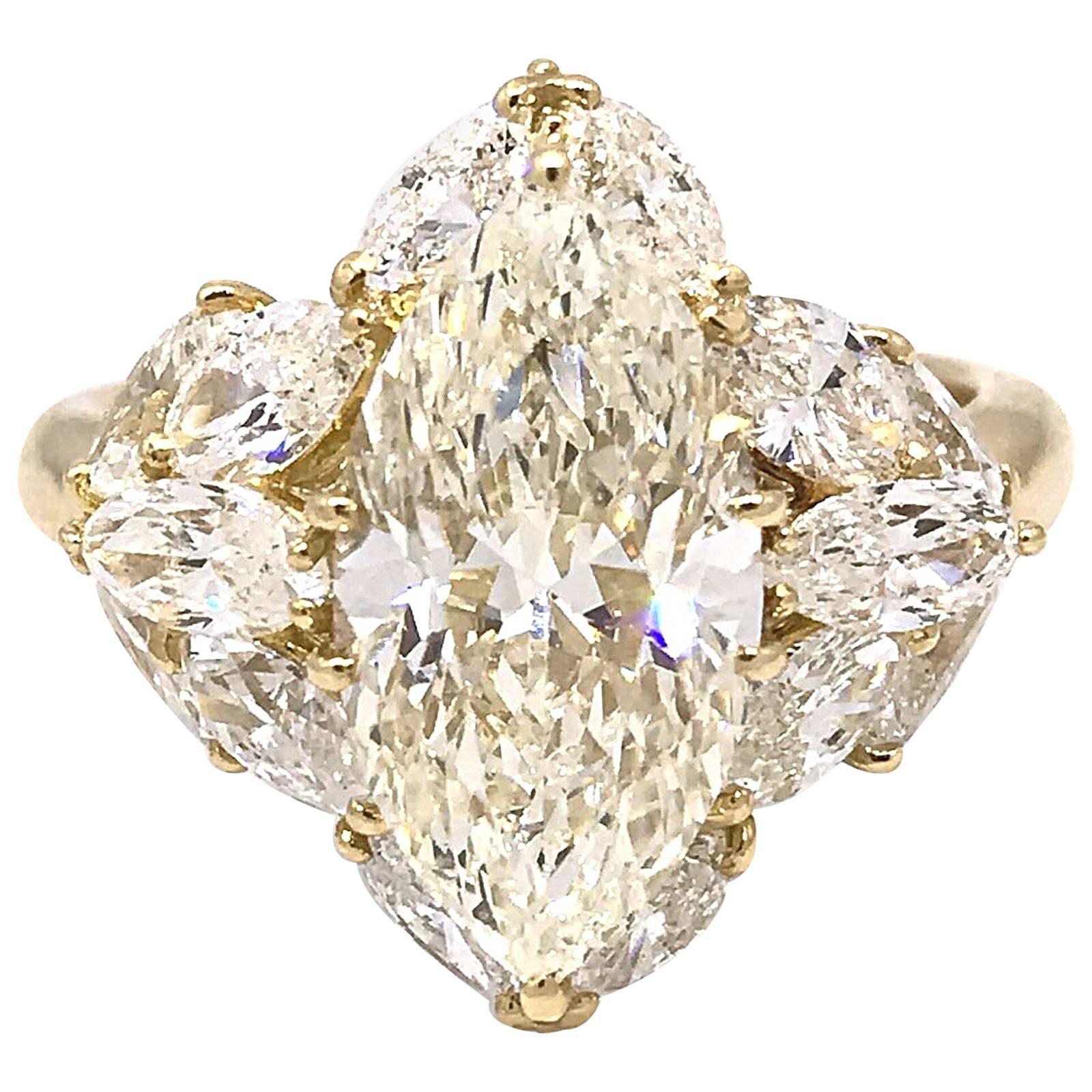 3.06 Carat Marquise Diamond Ring with Marquise Side Diamonds in Yellow Gold For Sale