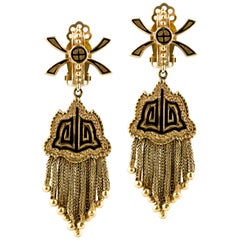 Victorian Revival circa 1940 Fringe 14 Karat Gold and Black Enamel Earrings