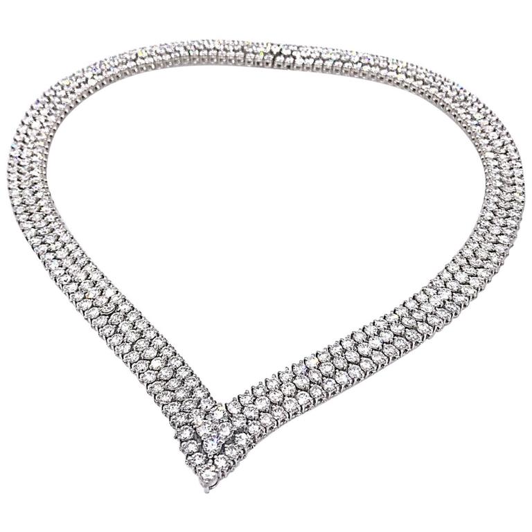 41.25 Carat Fine Diamond Platinum Three Row VShape Choker Necklace For Sale at 1stdibs
