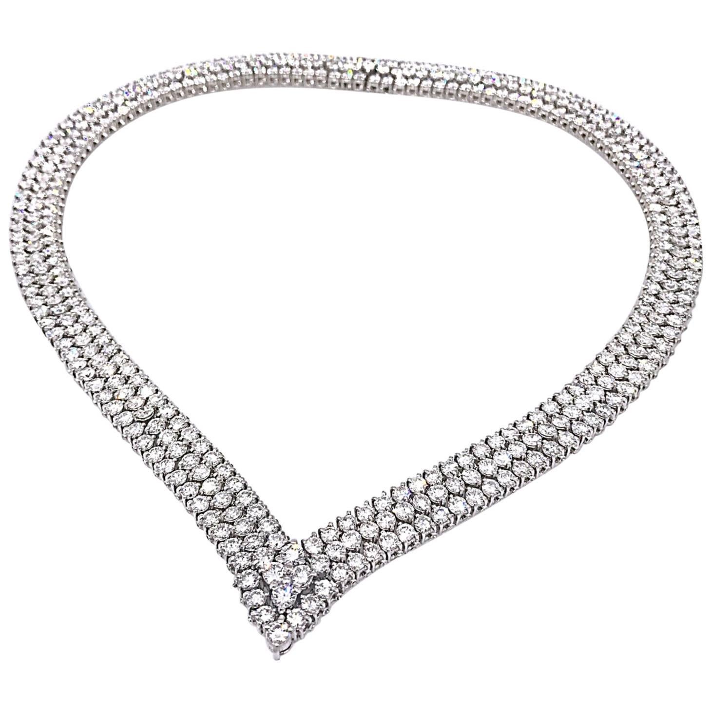 41.25 Carat Fine Diamond Platinum Three Row V-Shape Choker Necklace For Sale