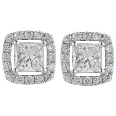 Princess Halo Diamond Gold Stud Earrings 11