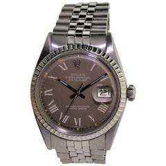 Retro Rolex Stainless Steel Datejust Charcoal Roman Numeral Dial Wristwatch