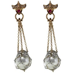  Australian  Pearl Ruby Diamond Gold Dangle Earrings