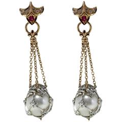 Luise Australian Pearl Ruby Diamond Gold Dangle Earrings 3