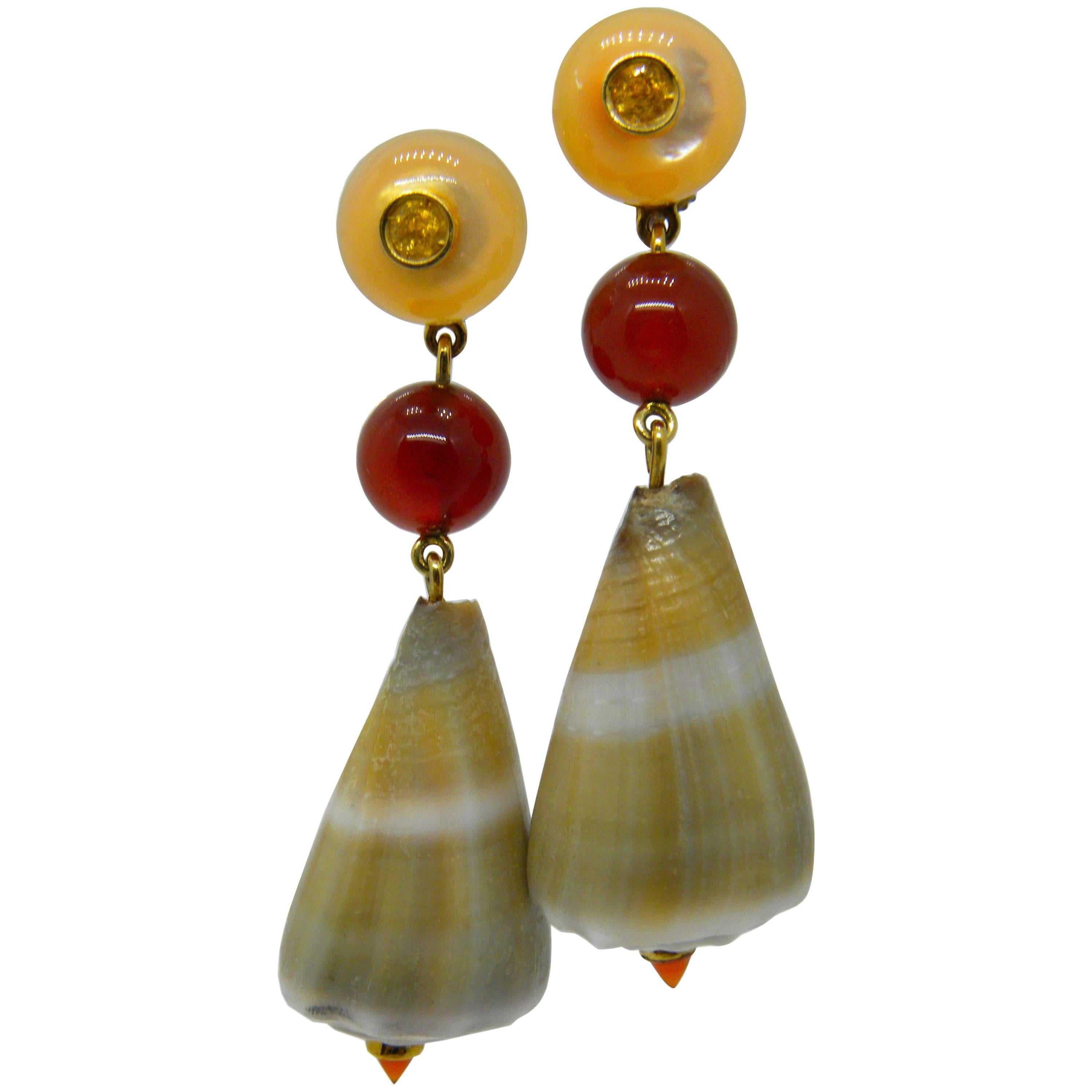 Berca Yellow Sapphire Carnelian Mother-of-Pearl Seashell Gold Drop Earrings