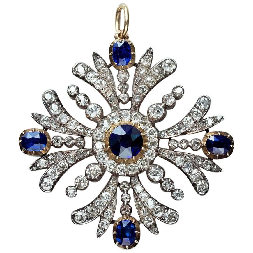 Early Victorian Sapphire Diamond Pendant For Sale