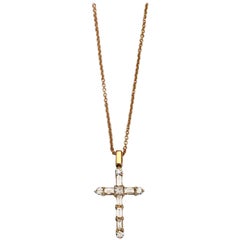 Vintage Diamonds Yellow Gold Cross Pendant Necklace