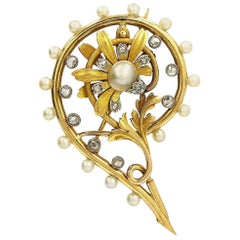 18 Karat Late Victorian Pearl Flower Rose Cut Diamond Gold Brooch